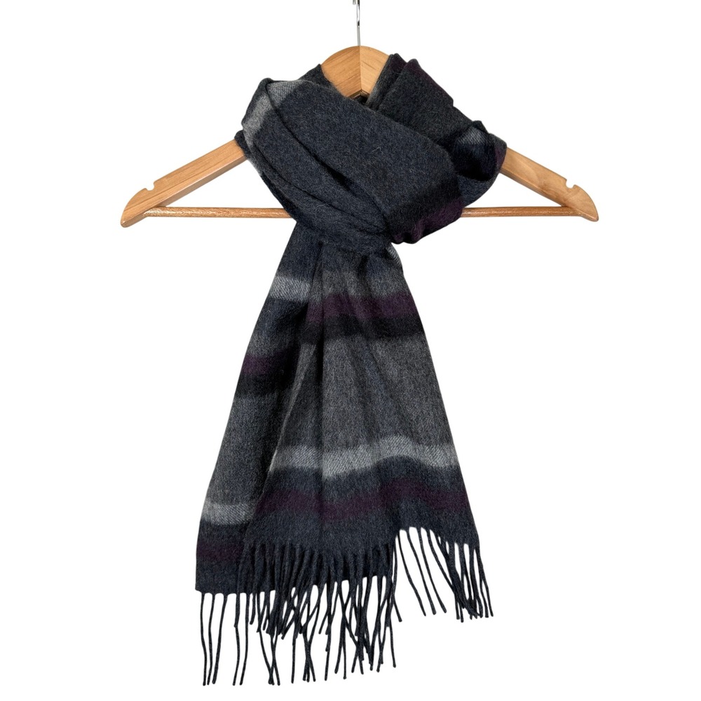 Nordstrom Lambswool Scarf‎ Mens Gray Purple Striped Fringe Winter 78" x 12"